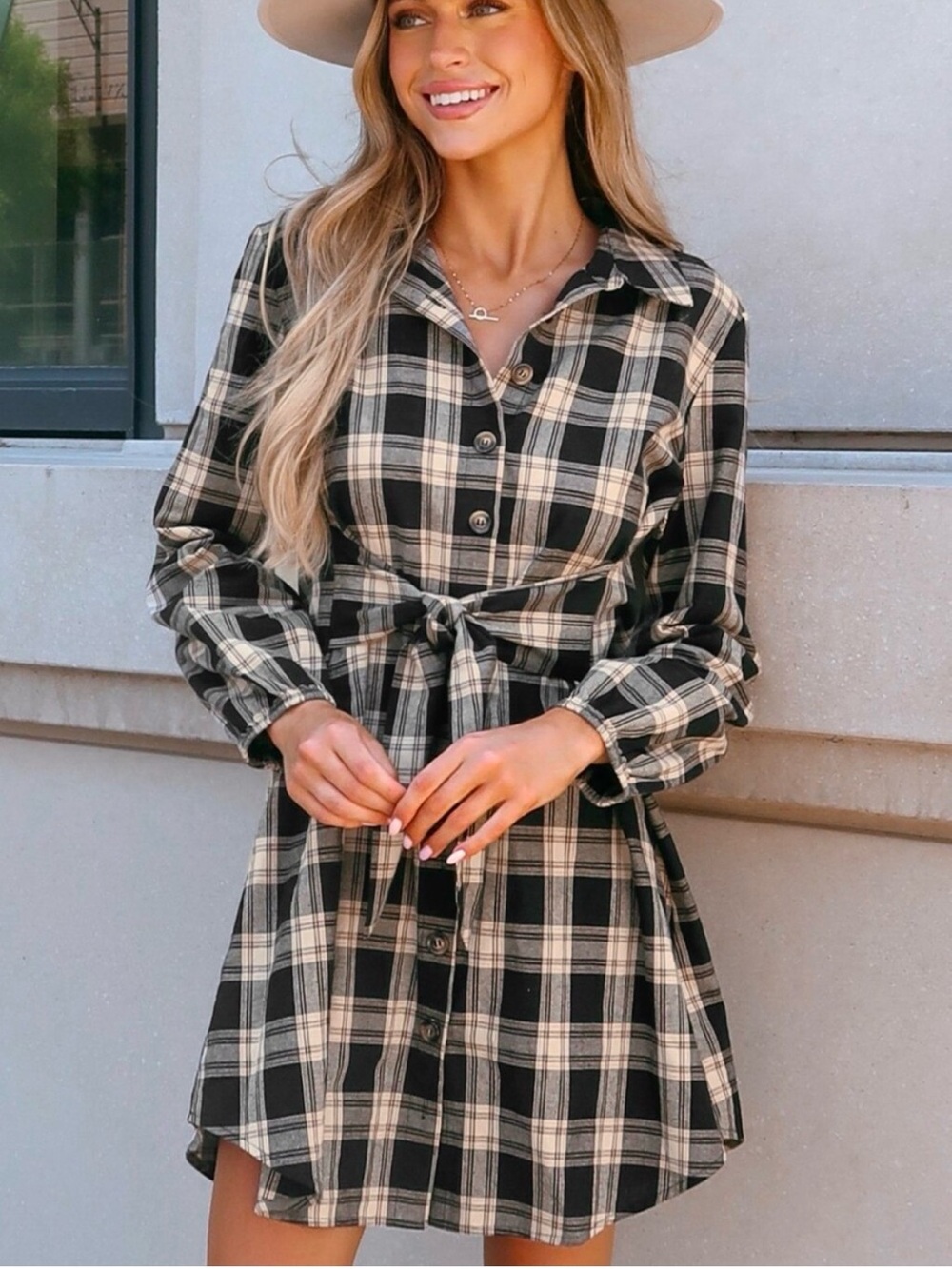 NWT Cupshe Plaid Shirt Dress with Self-Tie Waist - Black & Cream